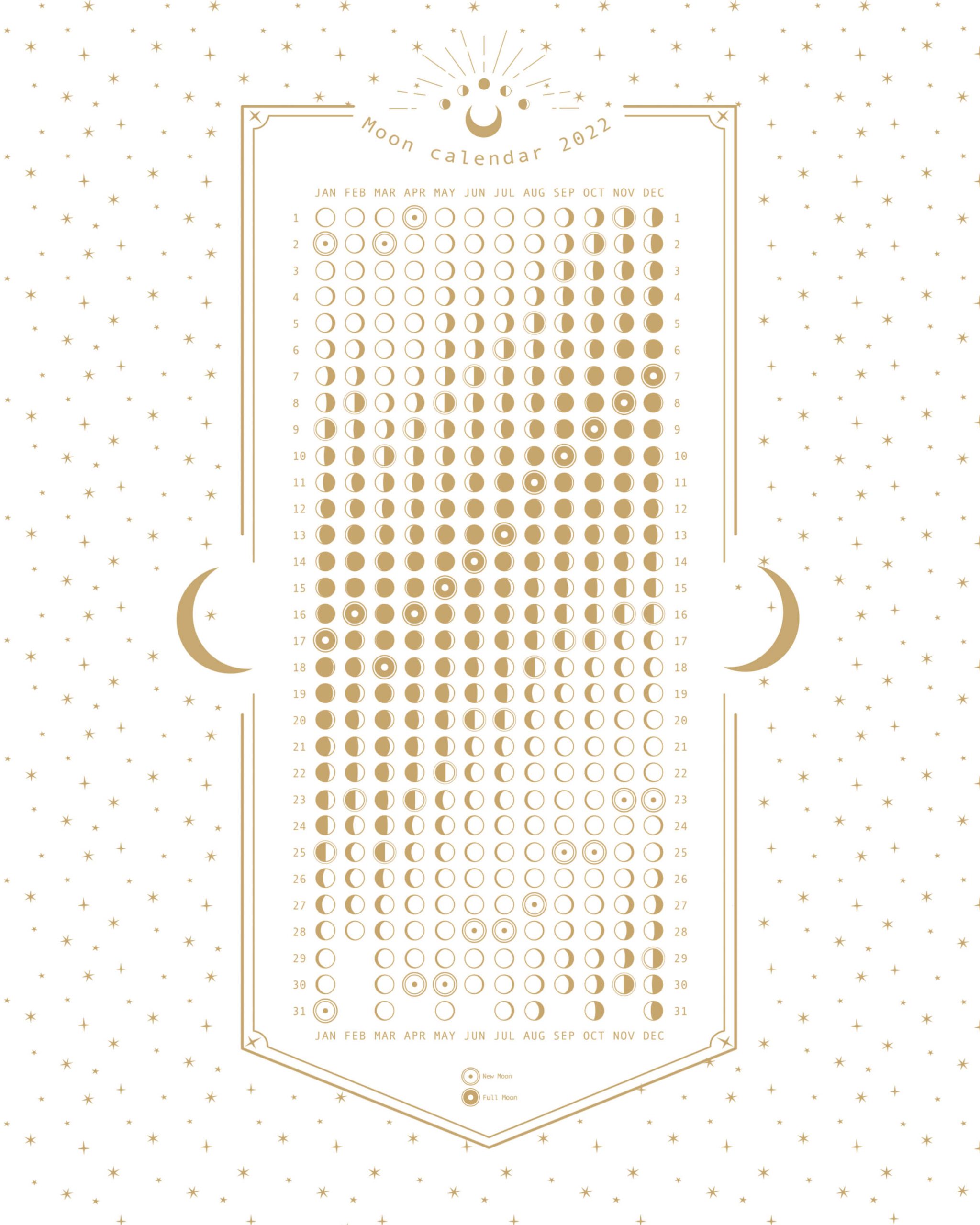 2022 Moon Phase Poster in White & Gold